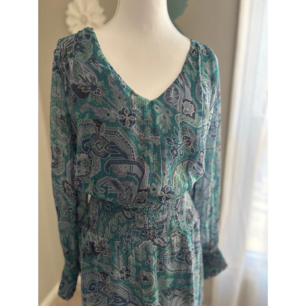 Soft Surroundings fairycore bluegreen maxi dress sheer overlay ruched sz M boho - Picture 3 of 11